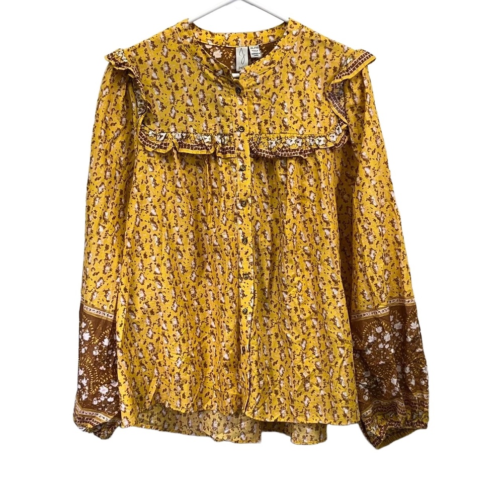 Joie Boho Peasant Top Women's Yellow Brown Floral Ruffle Puffed Sleeve XL Blouse